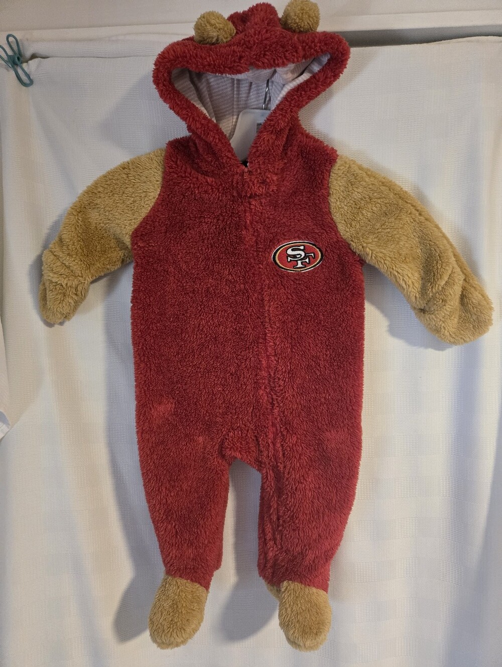 NFL Red and Tan Plush Hooded Footed One-Piece - 49ers Logo